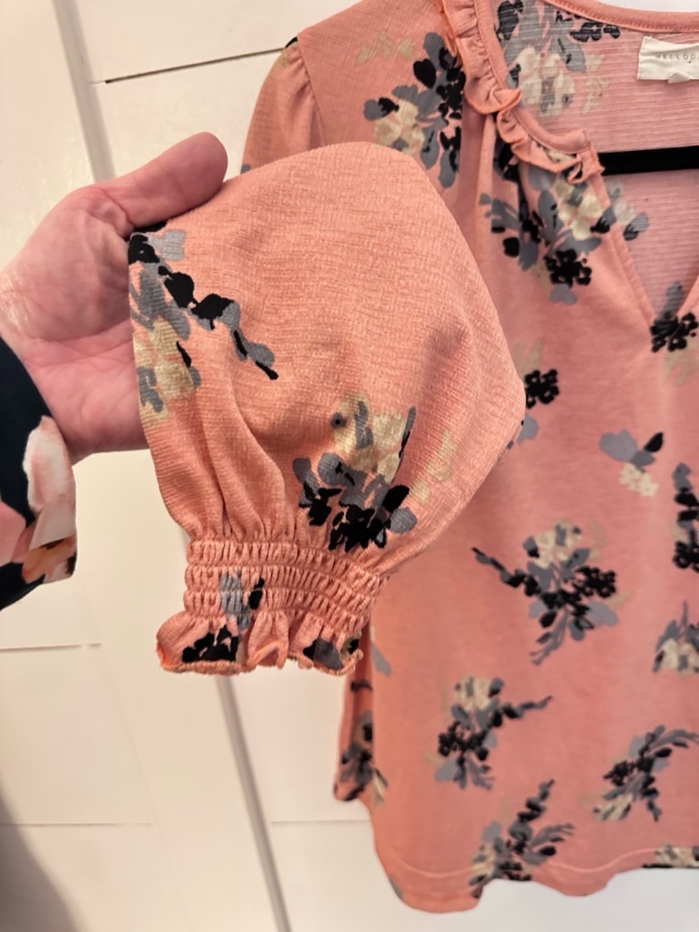 MELLODAY M peach floral ruffle V neck long sleeve blouse cottagecore shabby chic - Picture 4 of 12